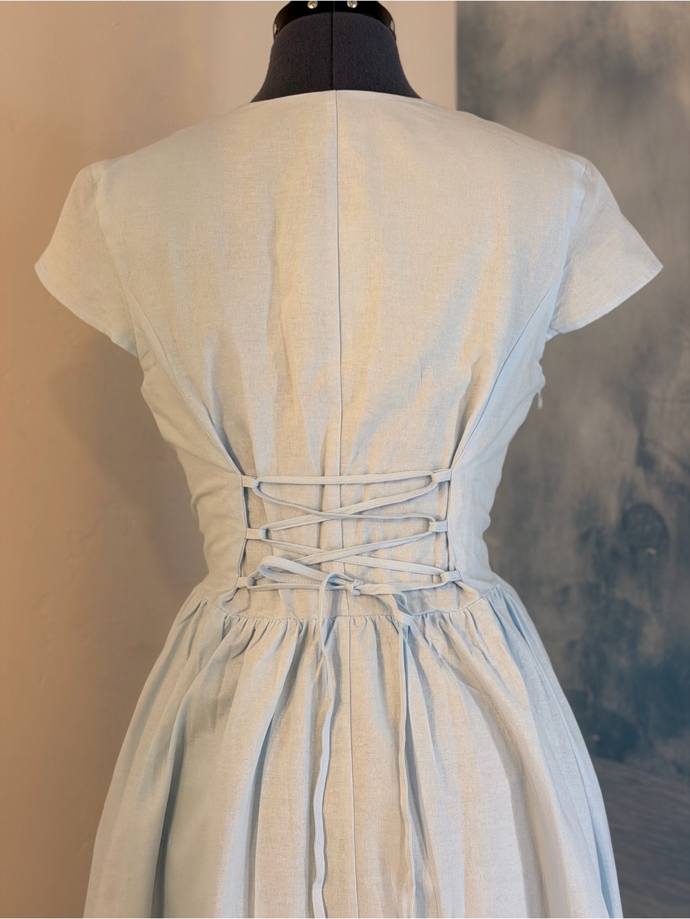 Light Blue w/ White Lace-Trim Tea Length Dress 149 - Picture 5 of 11